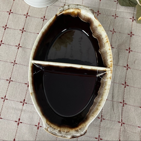 Vintage Pfaltzgraff Gourmet Brown Drip Oval Divided Vegetable Bowl / Dish - Picture 2 of 8